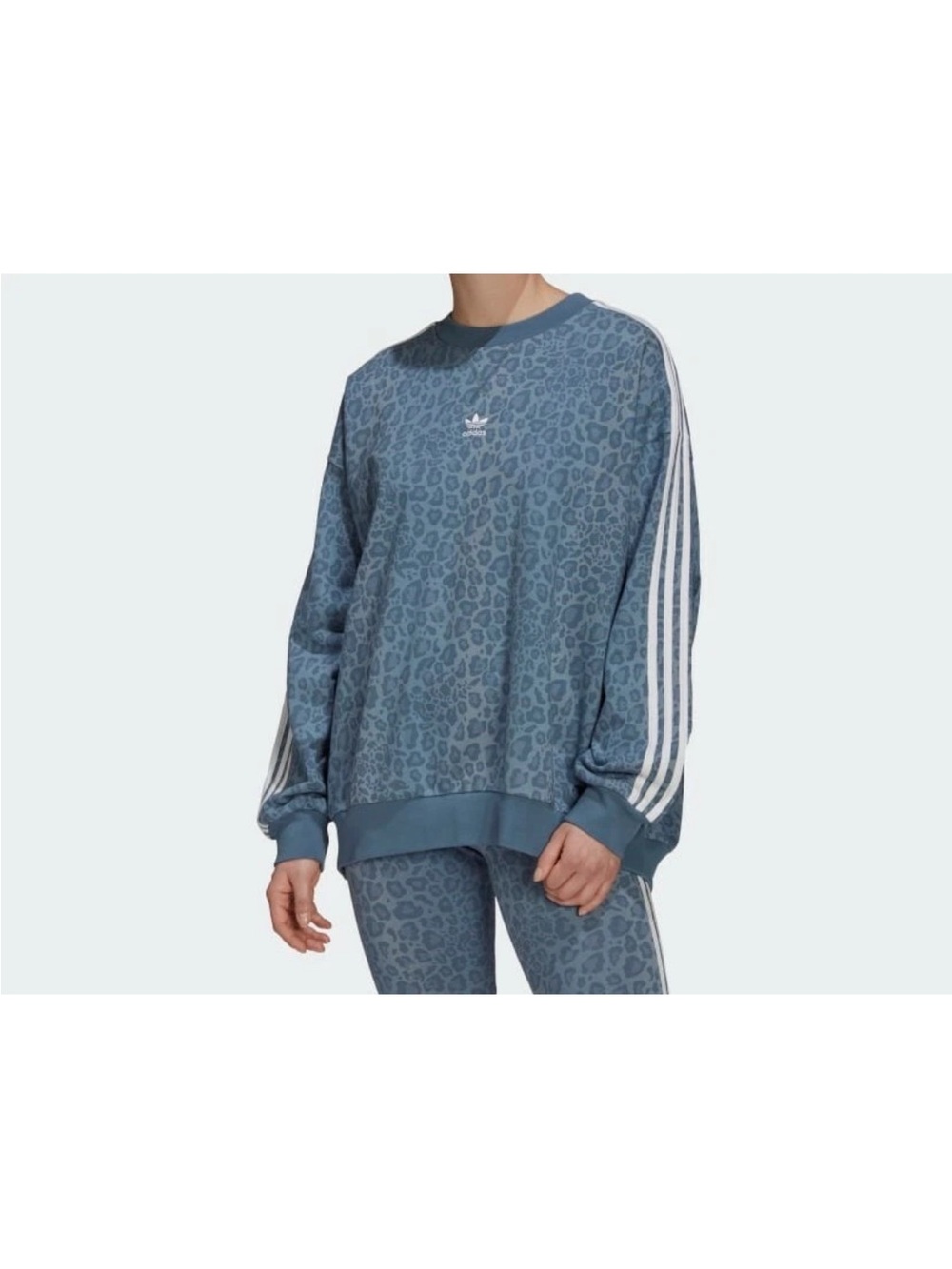 adidas Dusty Blue Leopard-Print Crew Sweatshirt with White Stripes